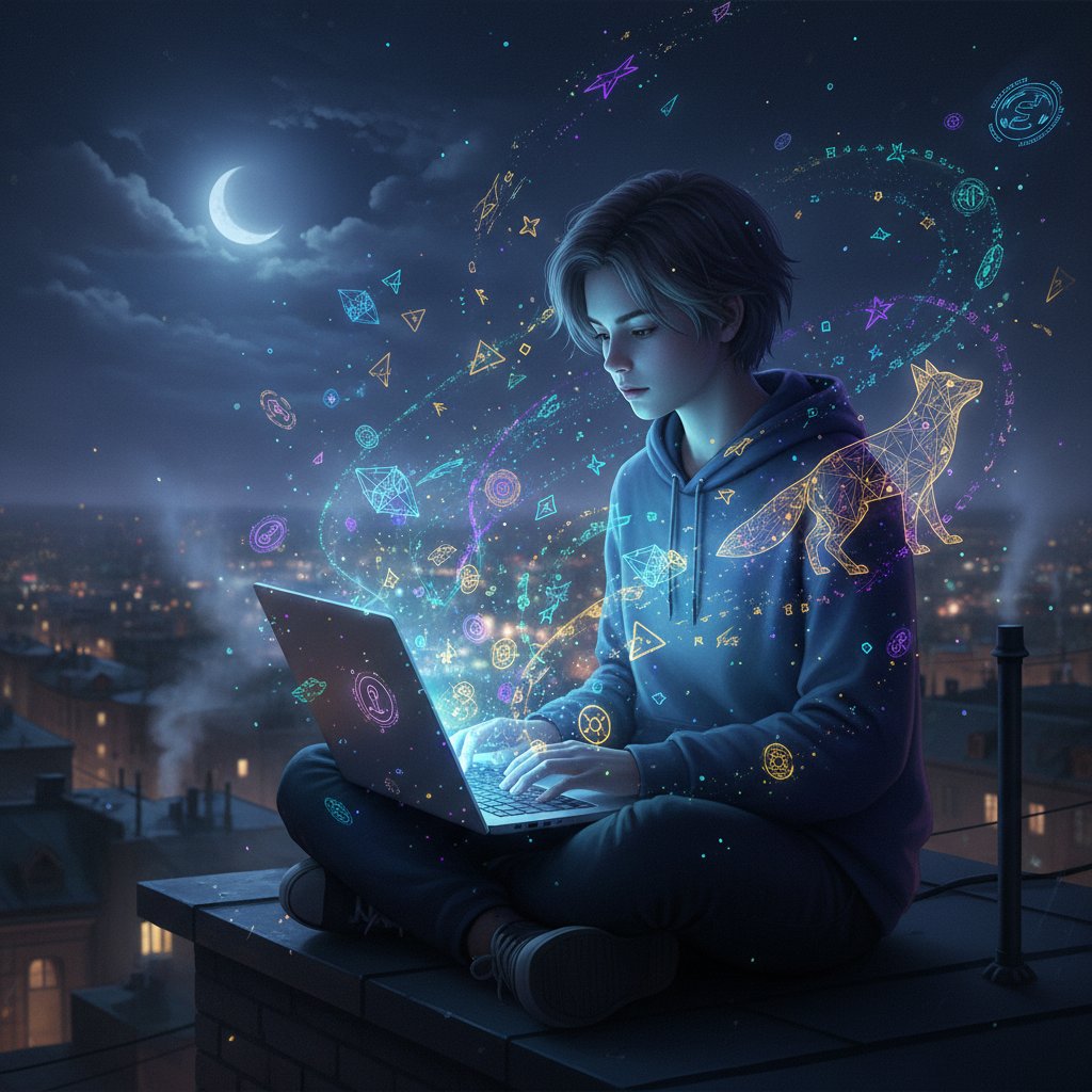 Junger Mensch blickt nachts auf leuchtenden Laptop, umgeben von mystischen digitalen Symbolen, Stichworte Lebensberatung und KI-Beratung