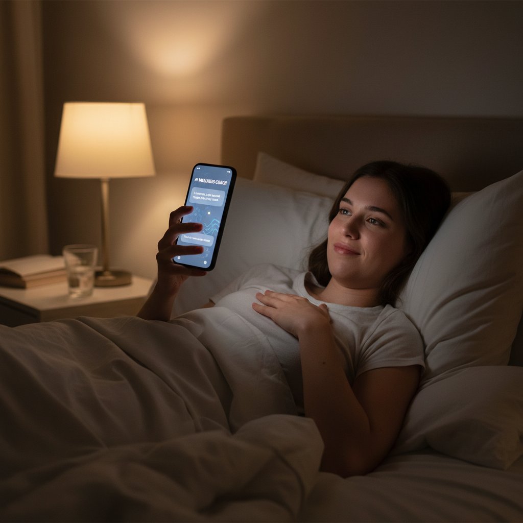 Młoda osoba owinięta kocem siedzi nocą na łóżku z telefonem w dłoni, twarz delikatnie oświetlona światłem ekranu, atmosfera ulgi
