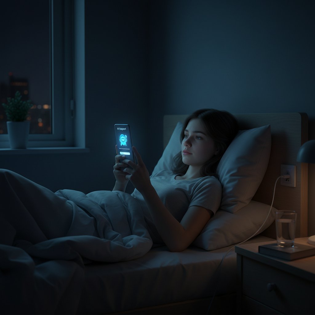 Realistyczne zdjęcie młodej osoby z telefonem, rozświetloną twarzą, siedzącej samotnie na łóżku, nocą – symbolizuje wsparcie AI w trudnych chwilach