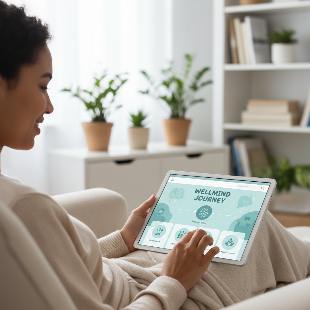 Młoda osoba szuka informacji na portalu zdrowia psychicznego, prywatność online