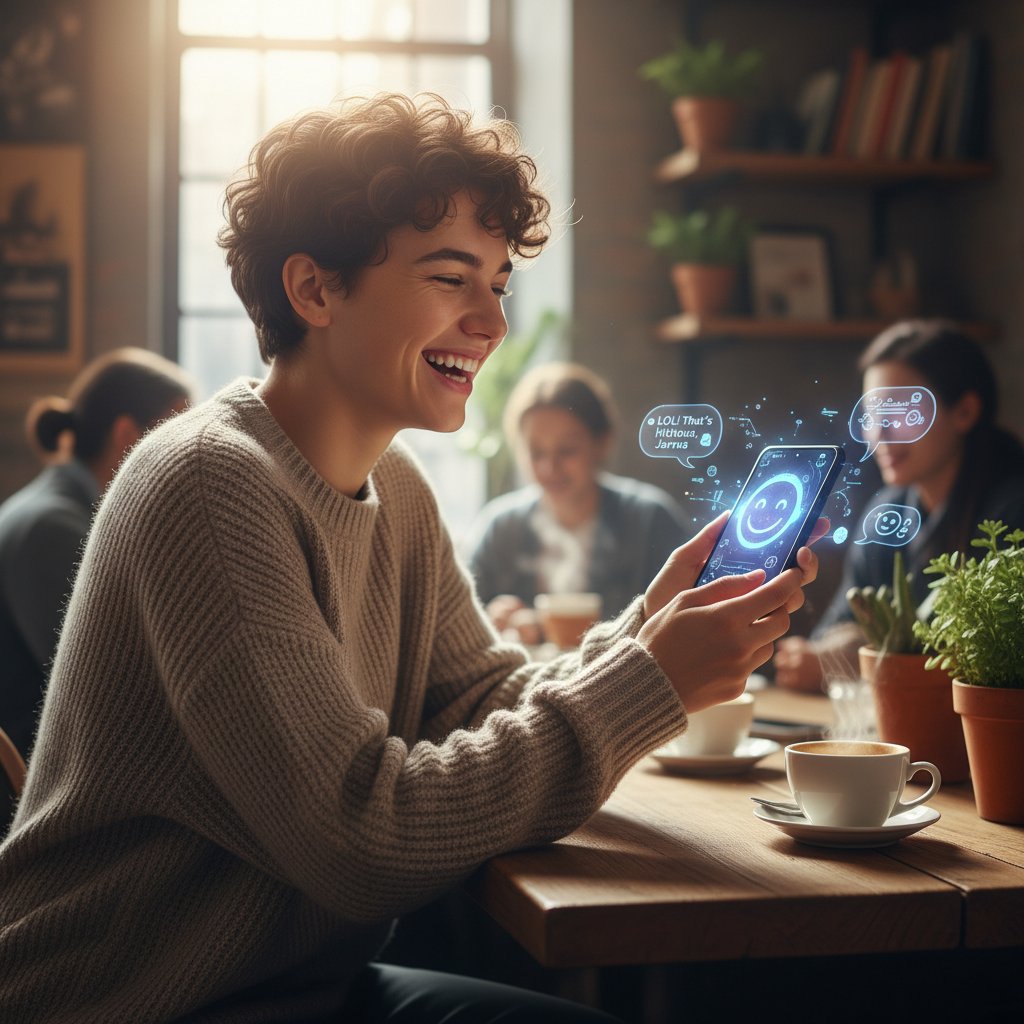Zdjęcie młodej osoby śmiejącej się podczas korzystania z telefonu w kawiarni – symbol beztroskiego eksperymentowania z AI