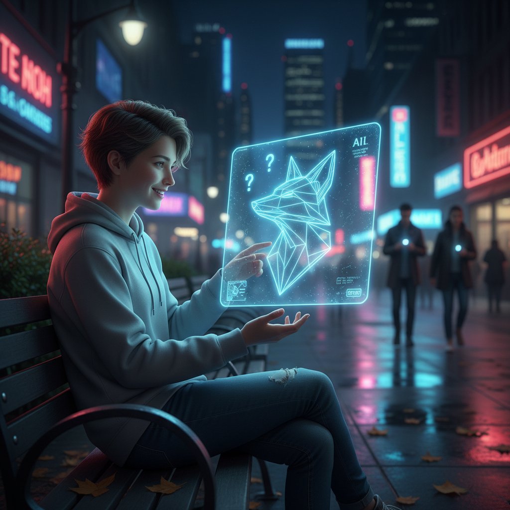 Rozmowa z czatbotem przez telefon, młody człowiek uśmiechnięty wieczorem na balkonie