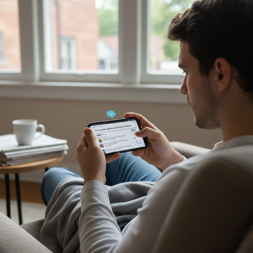 Młoda osoba komentująca artykuł lokalnego portalu na smartfonie