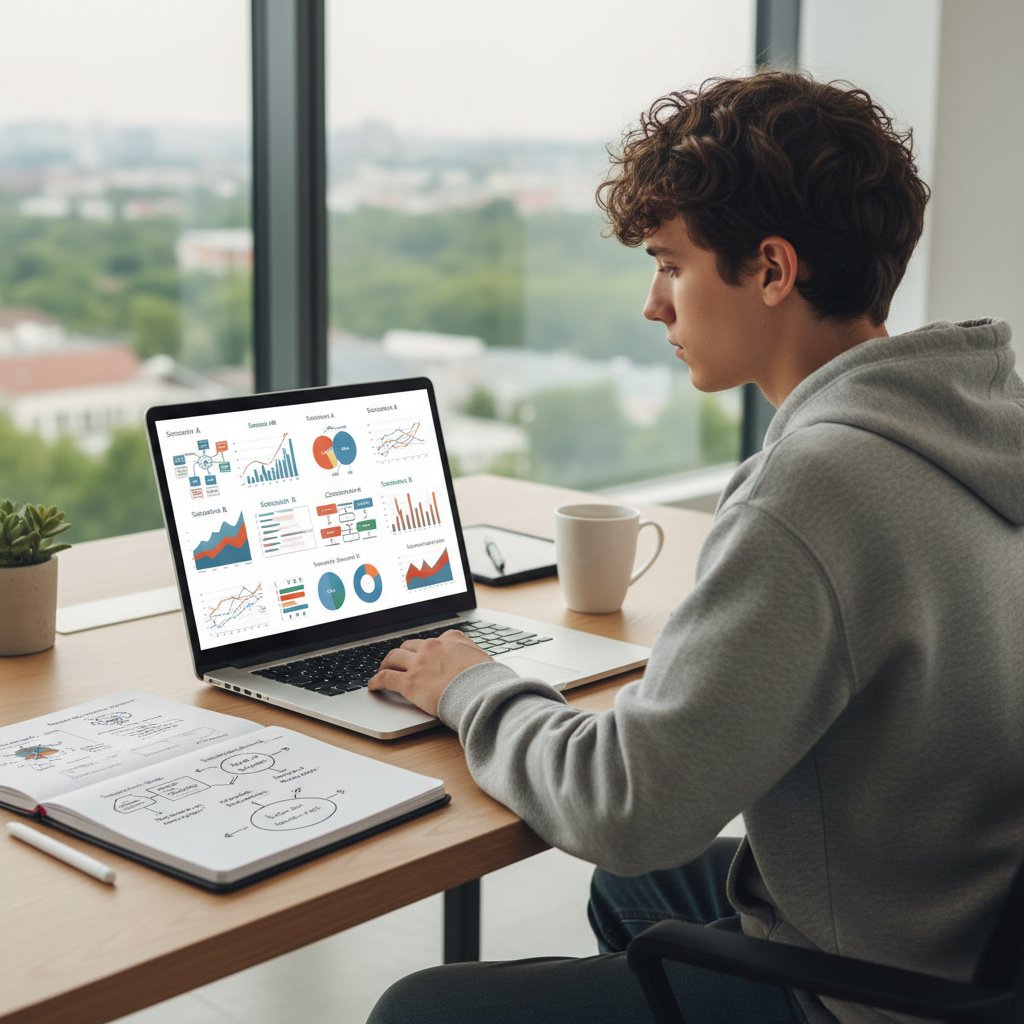 Młoda osoba przy biurku analizująca scenariusze na laptopie z otwartym notesem