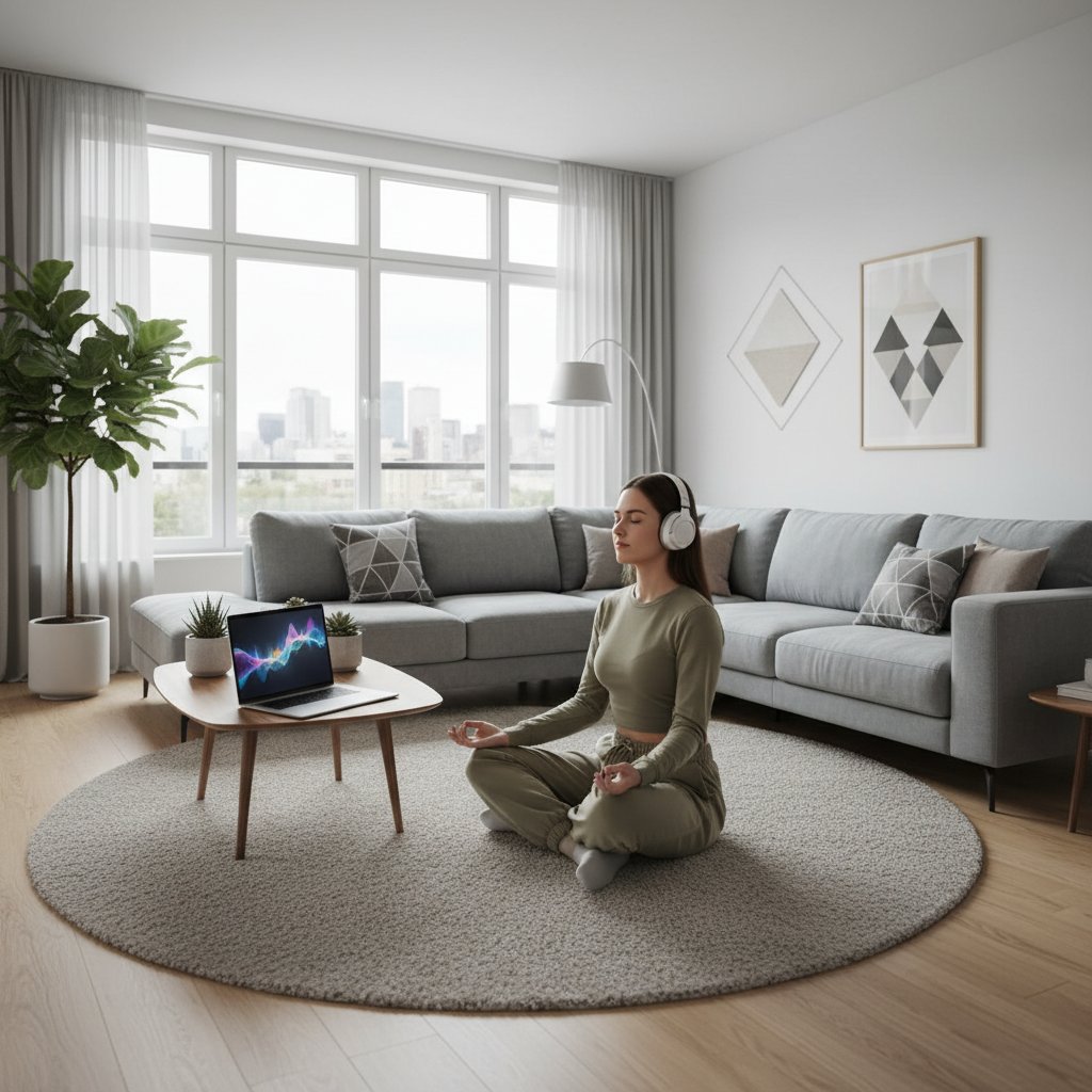 Junge Person mit Kopfhörern meditiert am Laptop, moderne Einrichtung, entspannte Atmosphäre
