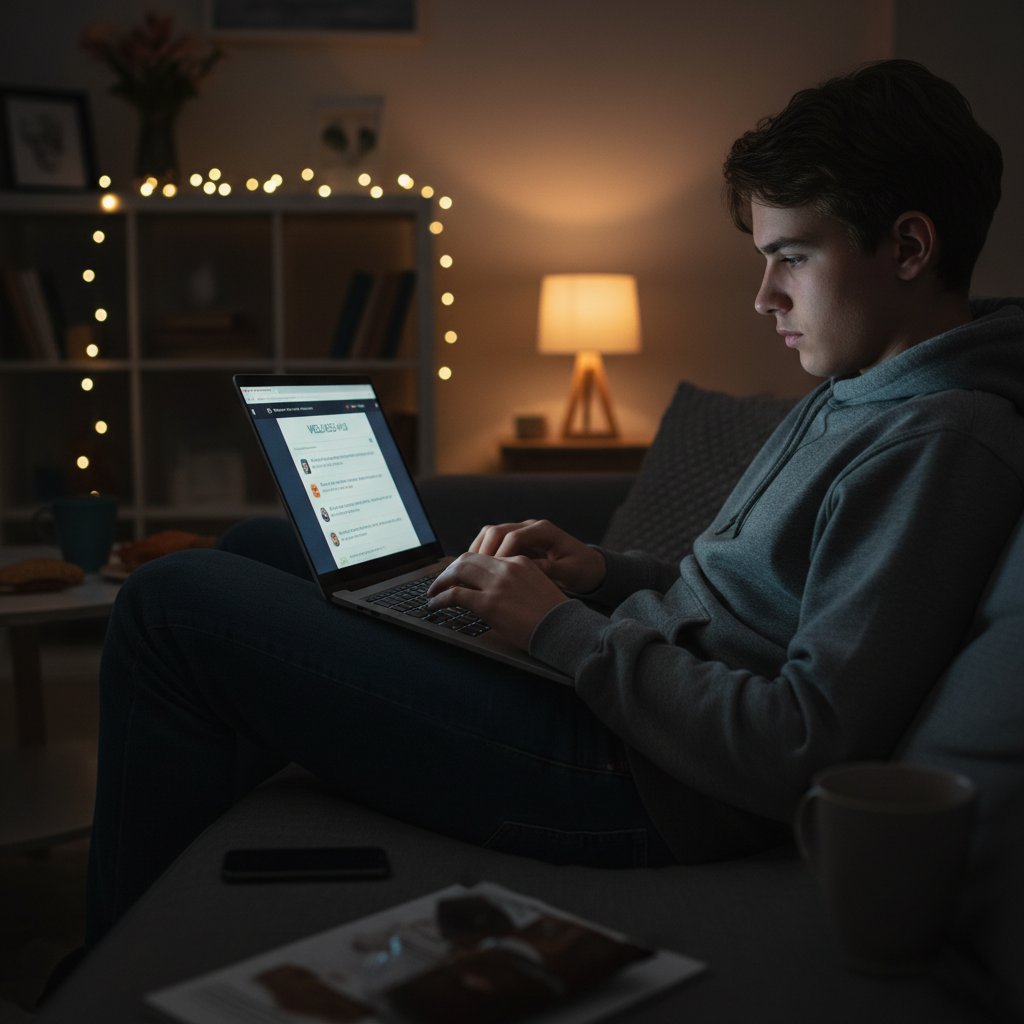 Młoda osoba szukająca informacji o diazepamie w internecie, fora zdrowotne, wsparcie online