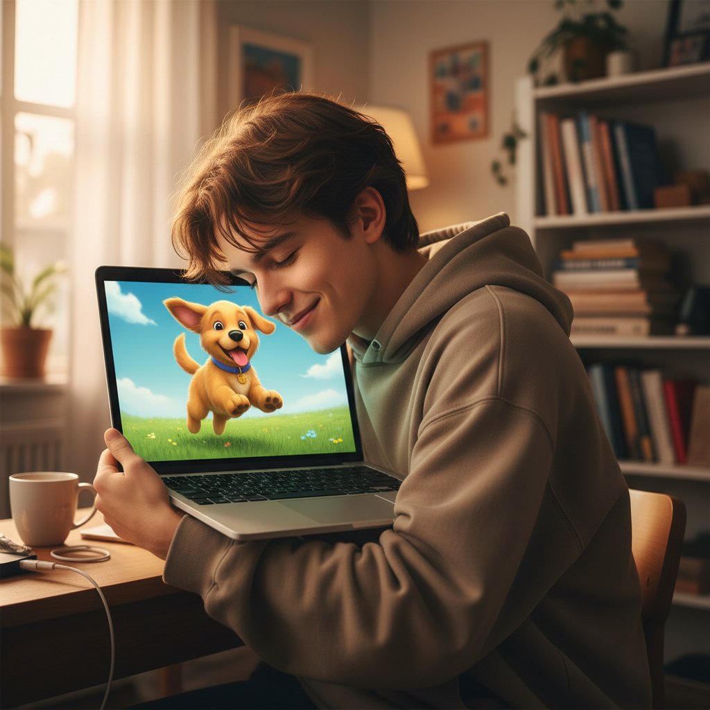 Młoda osoba tuląca się do ekranu laptopa, na którym widać wirtualnego psa, łezka wzruszenia na policzku