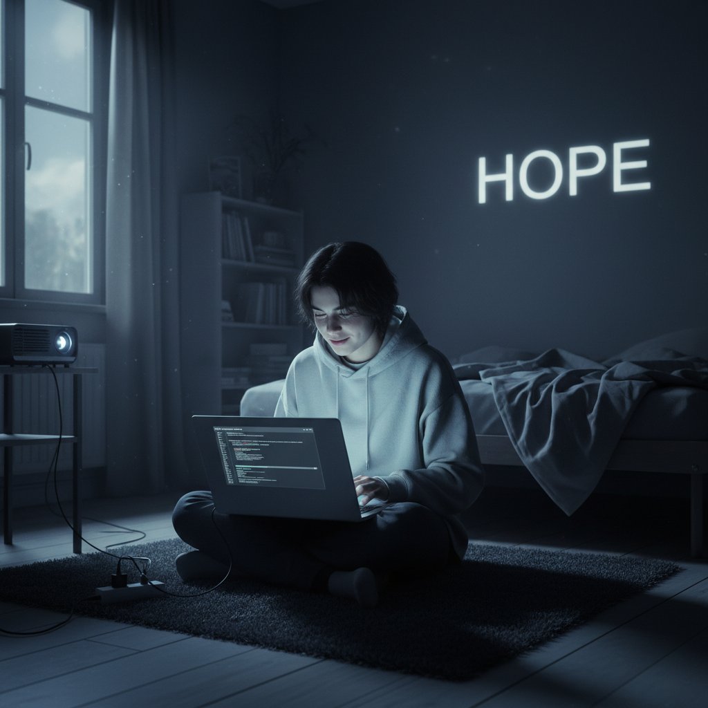 Młody człowiek w ciemnym pokoju, światło laptopa symbolizuje nadzieję