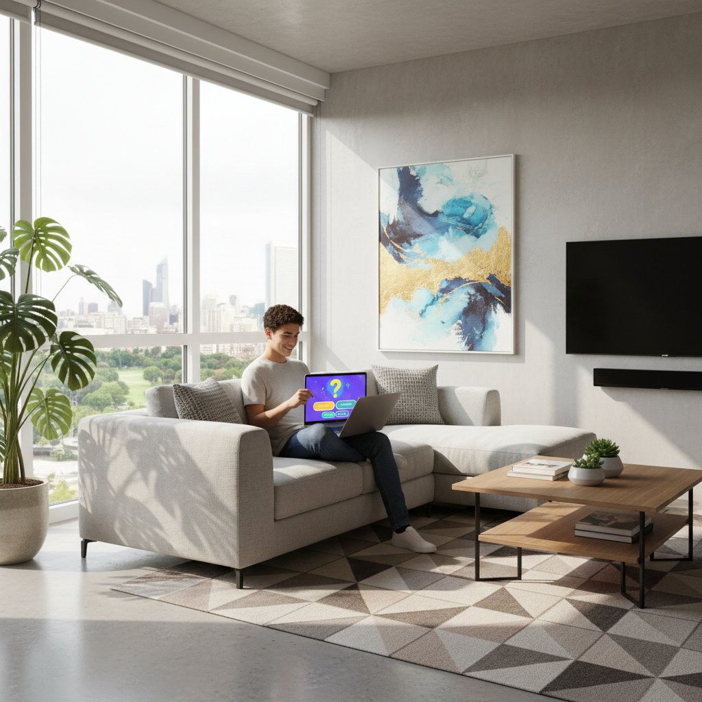 Młoda osoba w domu wypełnia test osobowości na laptopie, nowoczesne wnętrze