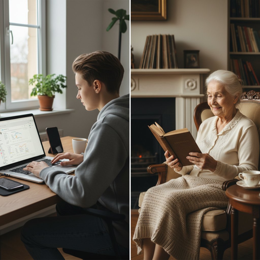 Młoda osoba z laptopem i senior bez technologii, symbolizujący podziały społeczne w dostępie do AI