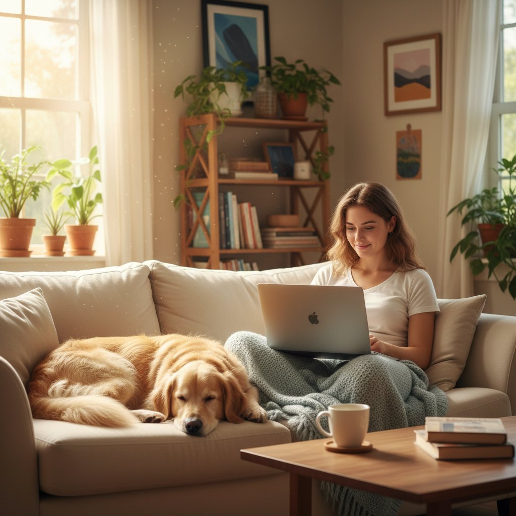 Młoda osoba z laptopem ćwiczy komunikację w domu, otoczenie przyjazne i spokojne