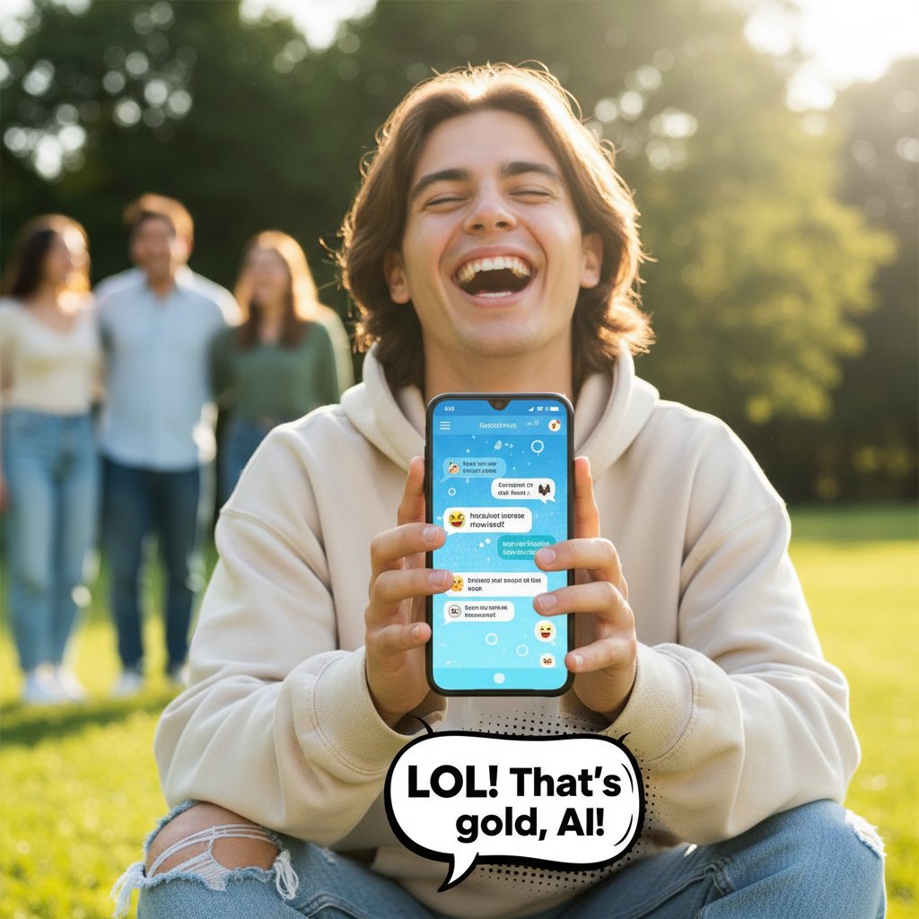 Młody człowiek wybucha śmiechem patrząc na ekran smartfona, na którym widać zabawną odpowiedź AI