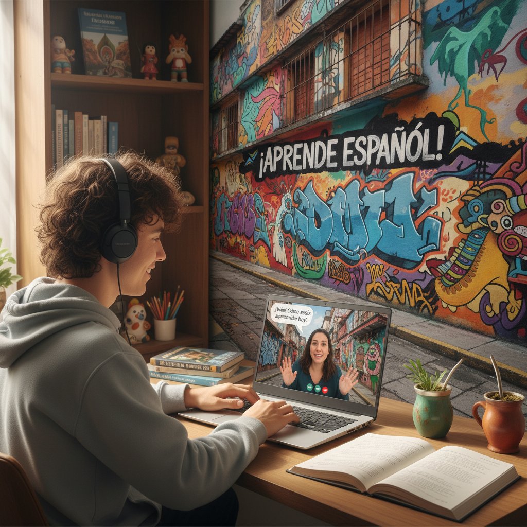 Młoda osoba ucząca się hiszpańskiego online na tle graffiti z Ameryki Łacińskiej