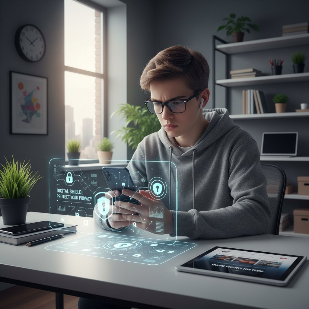 Edukacja cyfrowa dla użytkowników czatów, młoda osoba z telefonem, poważny wyraz twarzy, nowoczesne otoczenie