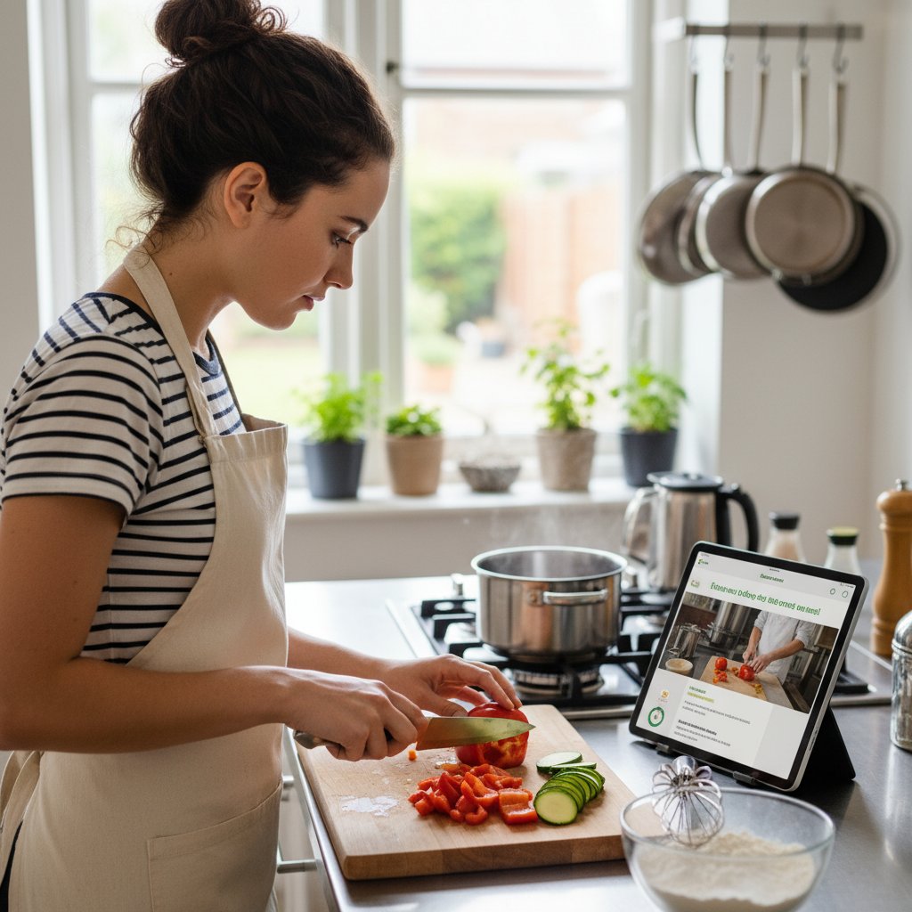 Młoda osoba ucząca się gotowania z aplikacji na tablecie – wsparcie społeczności i AI