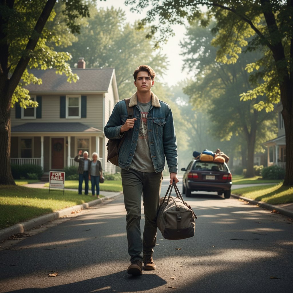 Młoda osoba z walizką, opuszczająca rodzinny dom, z wyrazem determinacji na twarzy