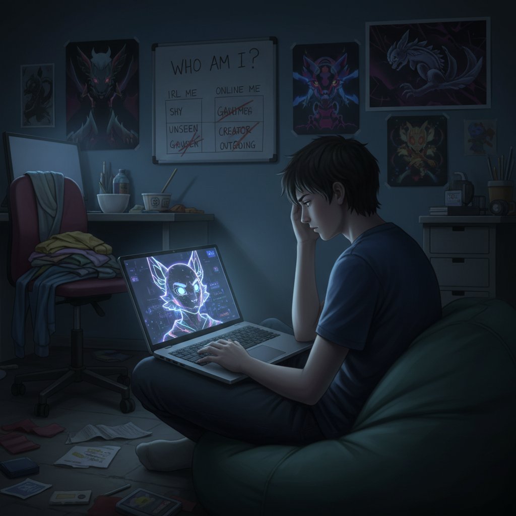 Młoda osoba patrząca w ekran laptopa, na którym widnieje jej cyfrowy avatar – symbol konfliktu tożsamości