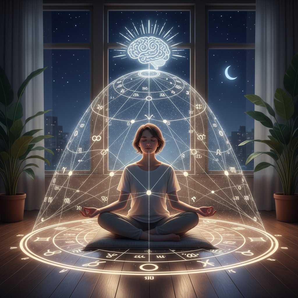 Młoda osoba medytująca przed laptopem z wykresem urodzeniowym, samoświadomość i równowaga