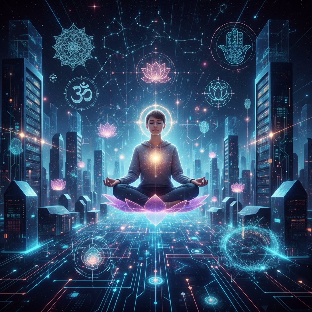 Junge Person meditiert mit Smartphone in urbaner Umgebung, Symbole für Meditation und digitale Beratung leuchten