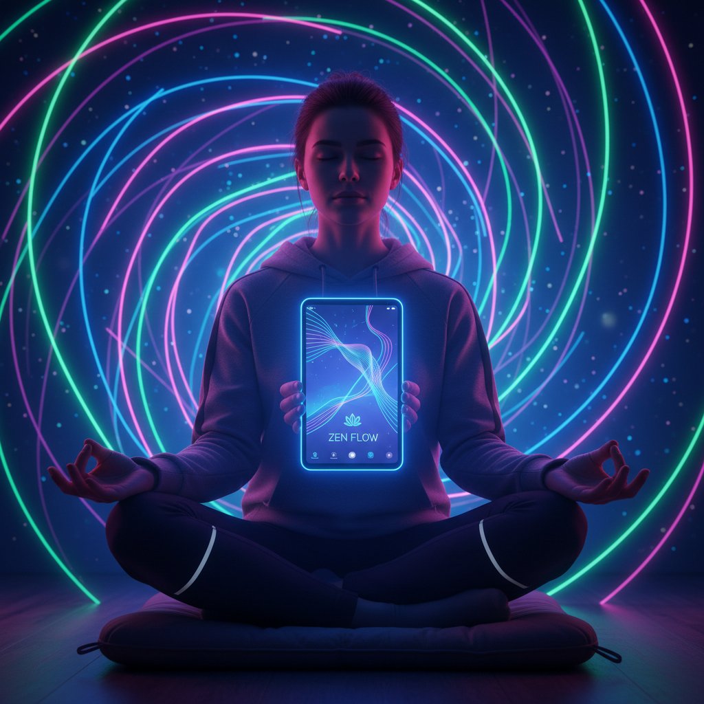 Młoda osoba medytuje przy pomocy aplikacji AI do wsparcia emocjonalnego