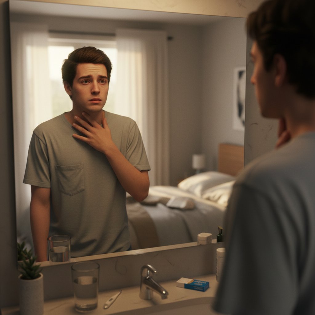 Młoda osoba patrząca w lustro z wyrazem zmartwienia, trzymająca się za gardło, tło domowe