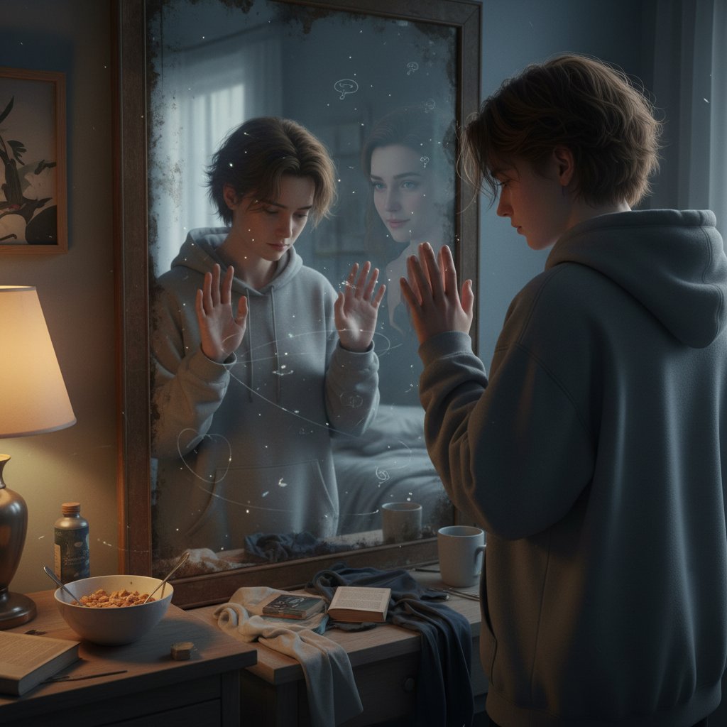 Młoda osoba wpatrująca się w lustro z wyraźnym niepokojem, symbolizująca proces samodiagnozy toksyczności