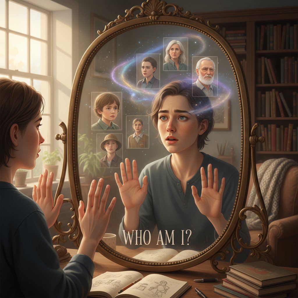 Młoda osoba z zamyśloną miną patrząca w lustro, refleksja i samopoznanie