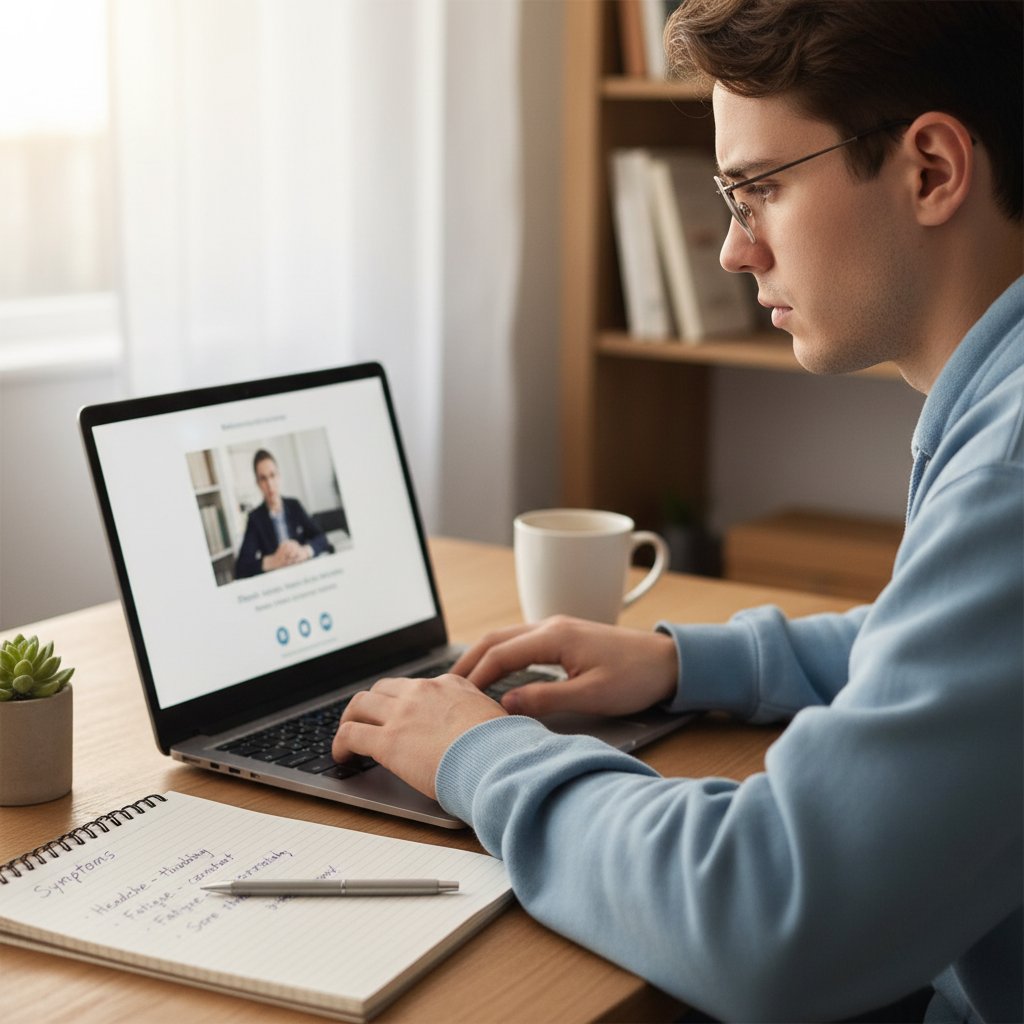 Młoda osoba przygotowująca się do e-wizyty, laptop, notatki z objawami, energia skupienia