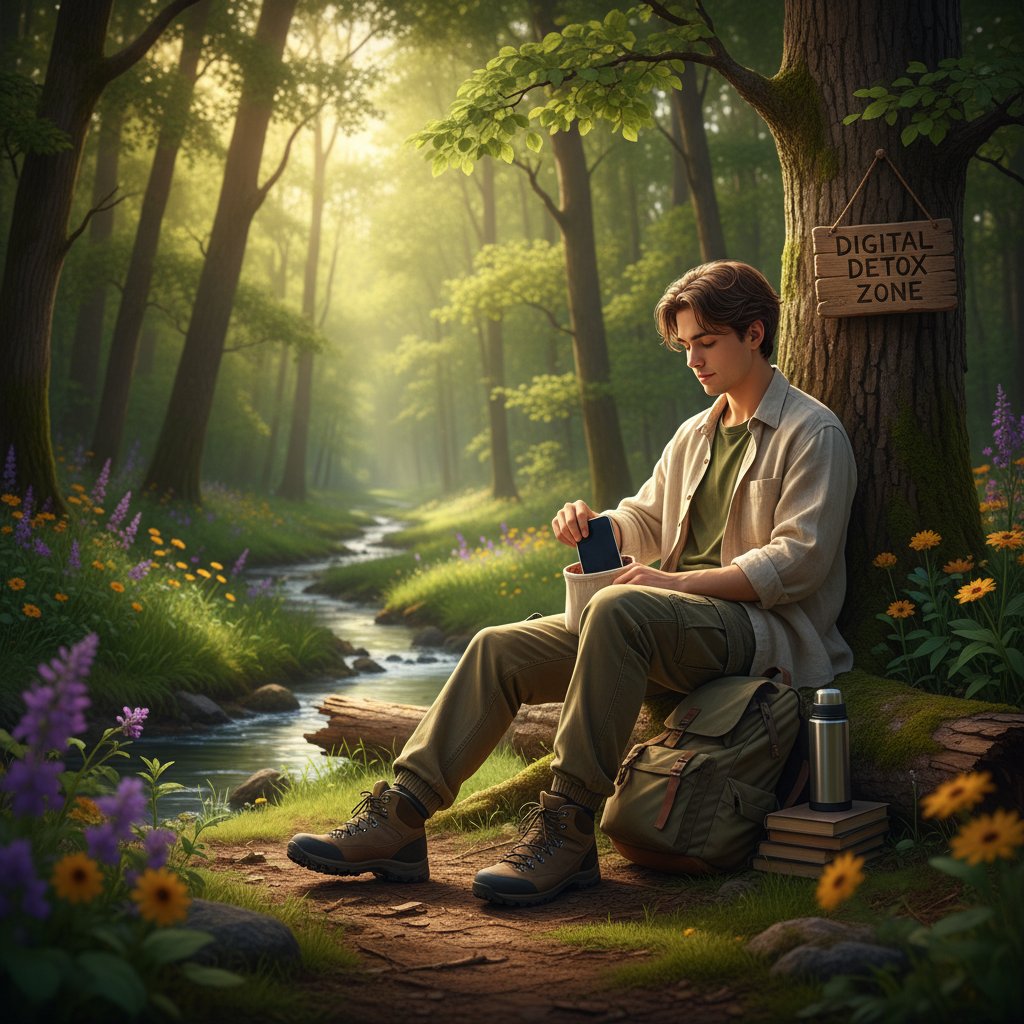 Młoda osoba odkładająca smartfona na bok, relaks w naturze – digital detox dla emocji