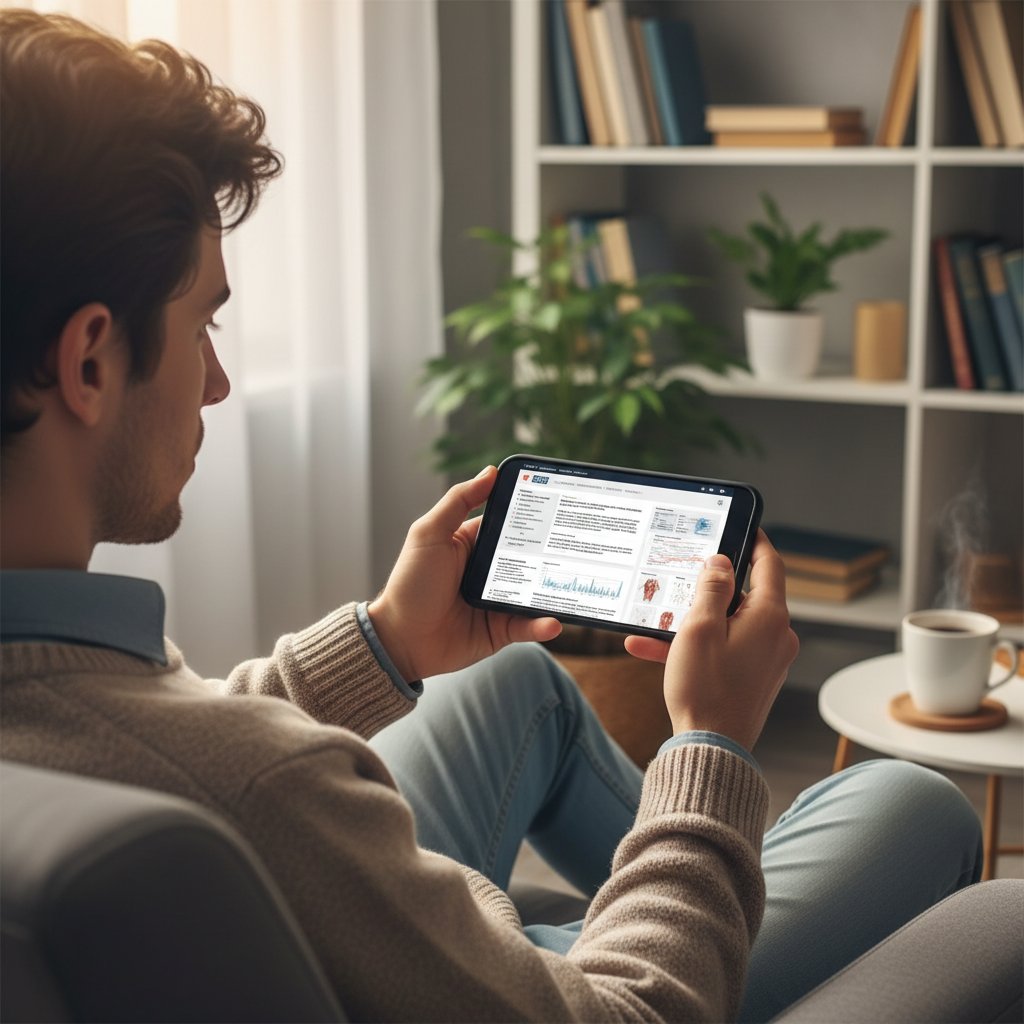 Zdjęcie młodej osoby przeglądającej artykuły medyczne na smartfonie