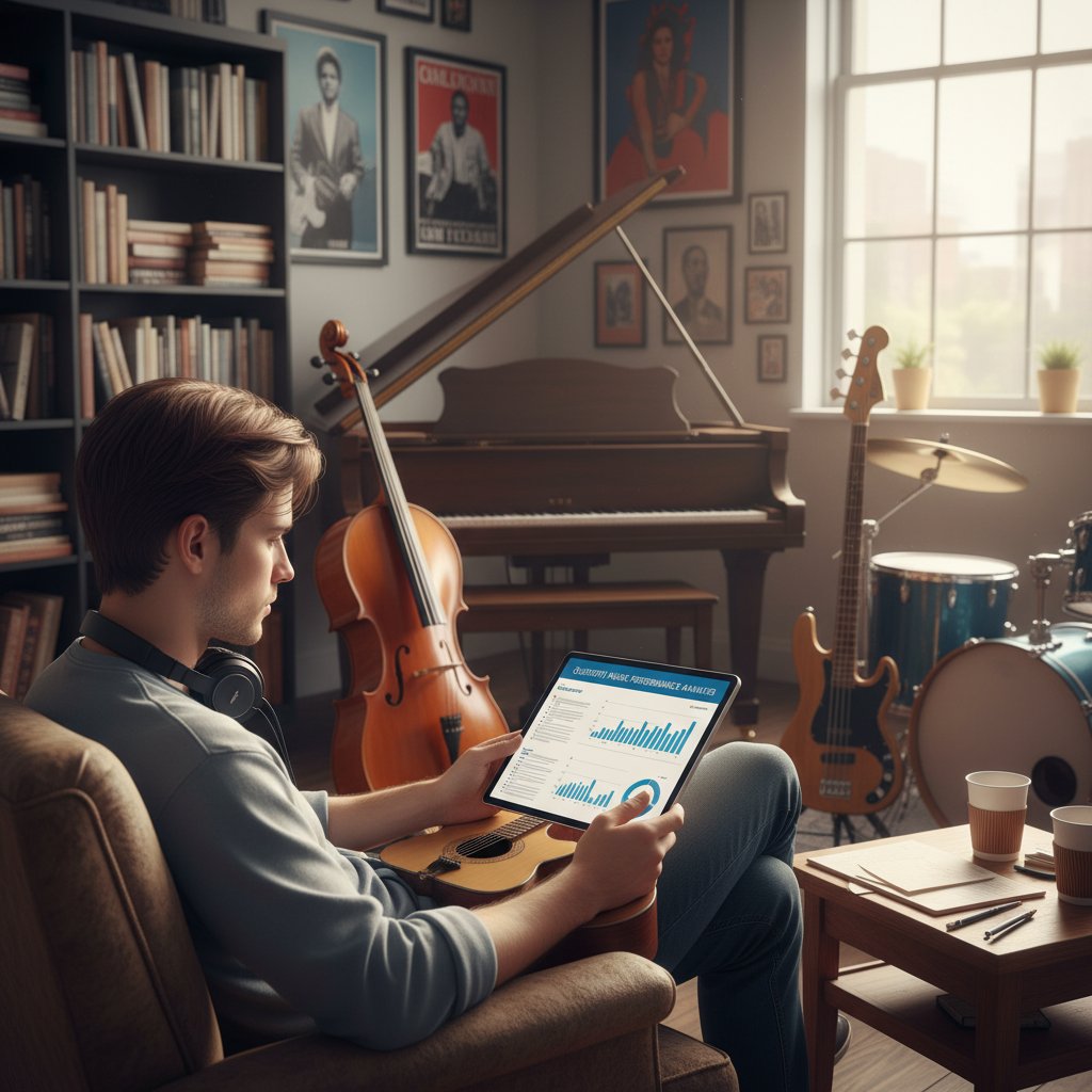 Zdjęcie młodej osoby czytającej raport muzyczny na tablecie, w tle instrumenty i książki – instrumentoznawstwo online, badania i rozwój
