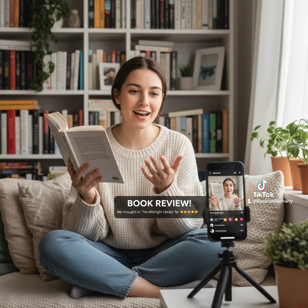 Młoda osoba nagrywająca recenzję książki na TikToka