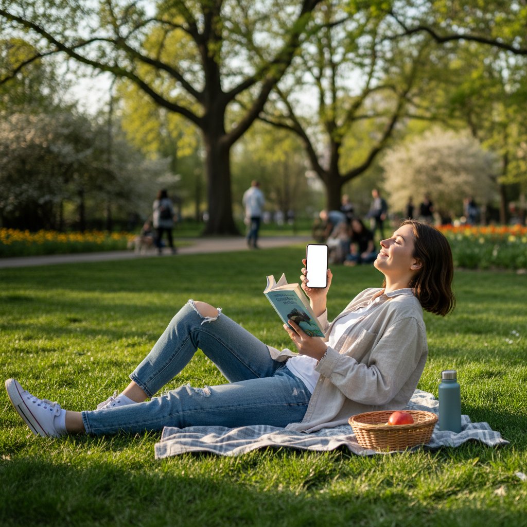 Młody człowiek odpoczywający z książką na ławce w parku, smartfon obok