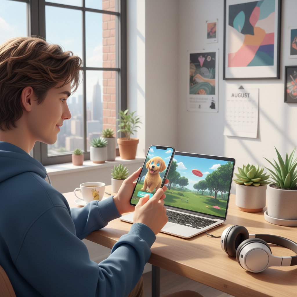 Młoda osoba uruchamia symulator karmienia psa na smartfonie w jasnym, nowoczesnym wnętrzu