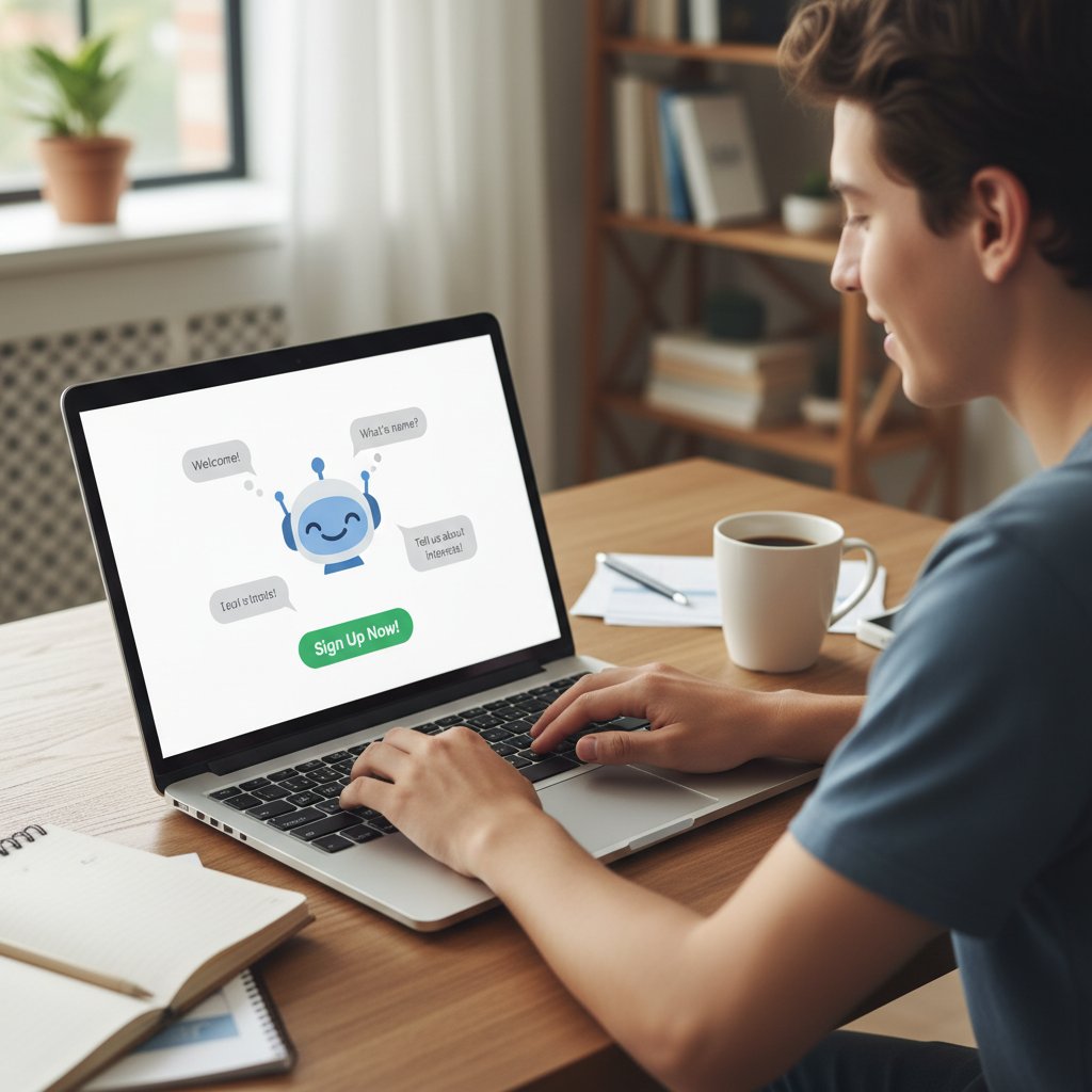 Młoda osoba rejestruje się na laptopie, zaczynając rozmowę z czatbotem, domowe biurko