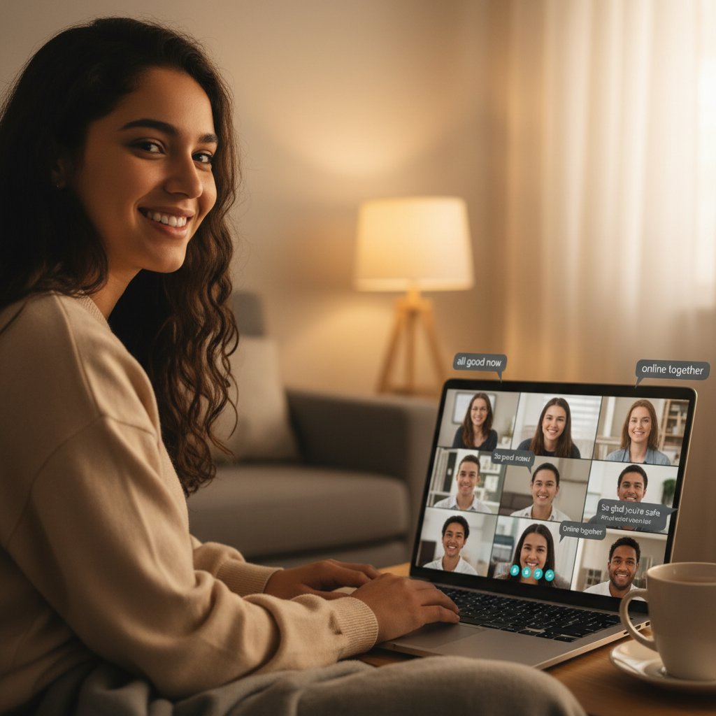 Młody człowiek uśmiechnięty po rozmowie online, poczucie ulgi i bezpieczeństwa