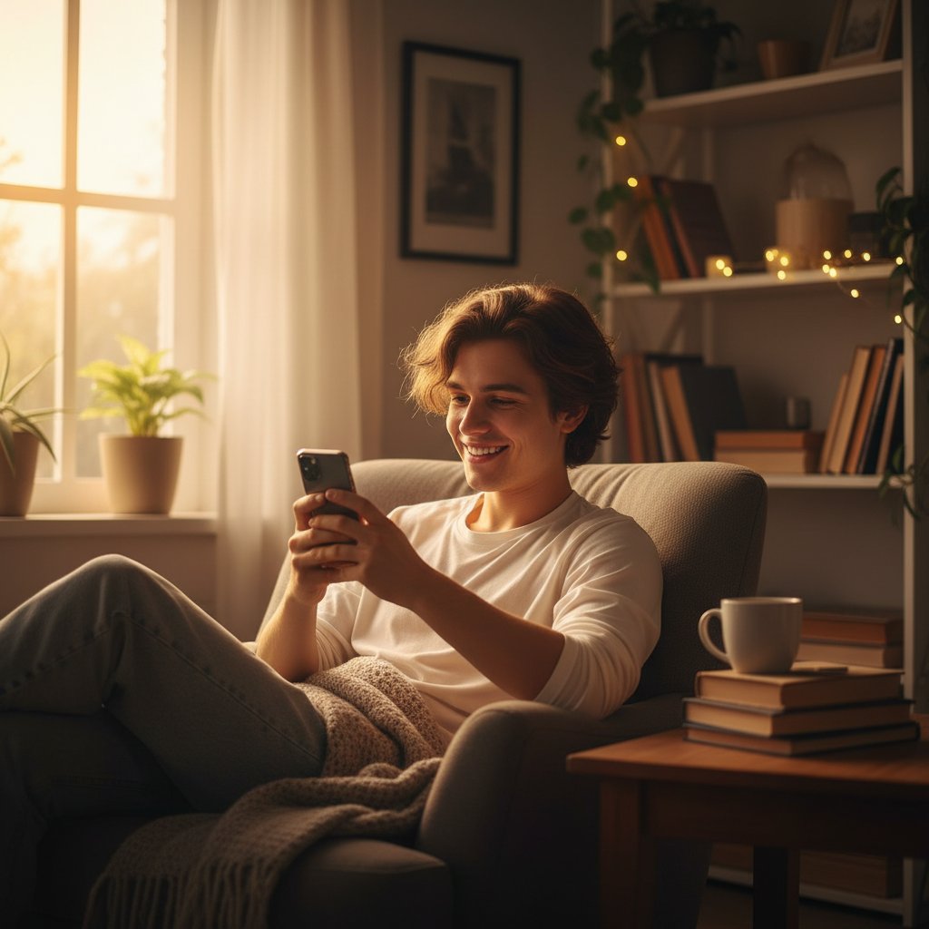 Uśmiechnięta osoba podczas rozmowy online w przytulnym pokoju wieczorem, symbolizująca autentyczne odprężenie i relaks