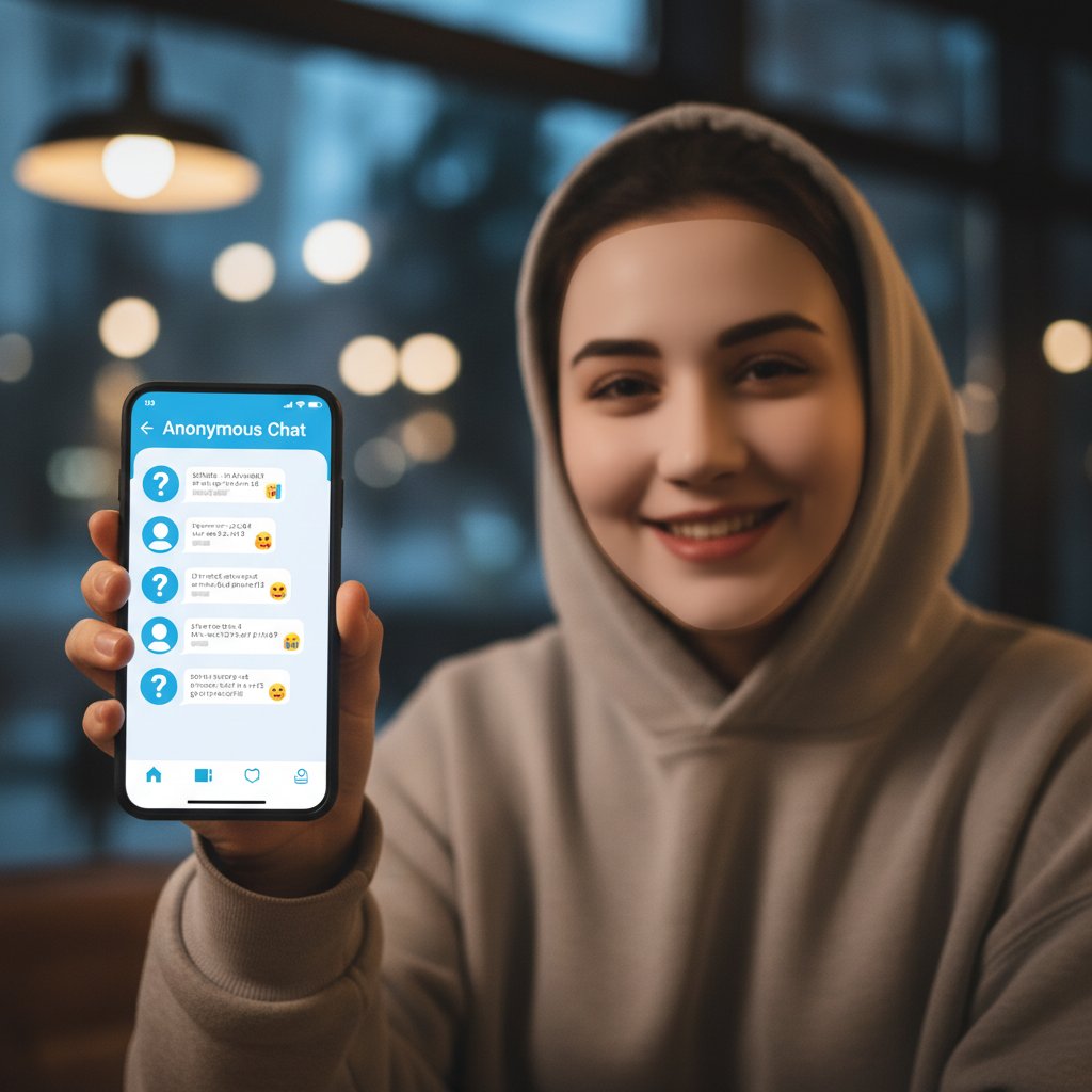 Młoda osoba uśmiechnięta przy smartfonie, rozmawiająca anonimowo, atmosfera lekkości i wolności