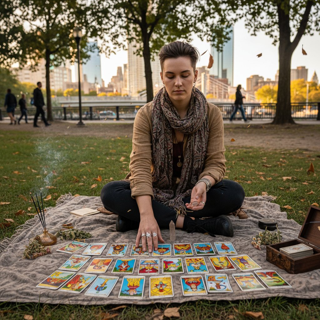 Młoda osoba trzymająca talię tarota w miejskim parku, smartfon w drugiej dłoni – polska scena
