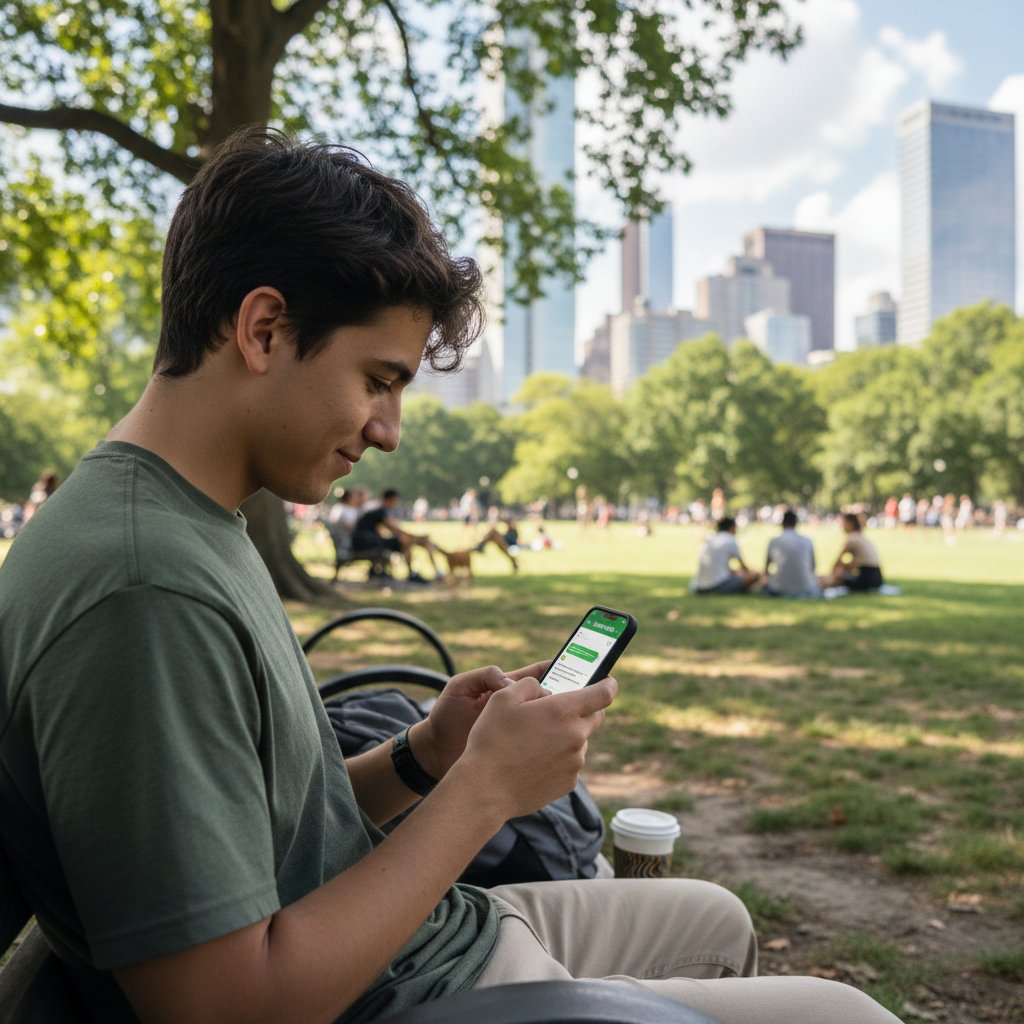 Młoda osoba rozmawiająca przez smartfona z czatbotem w parku miejskim