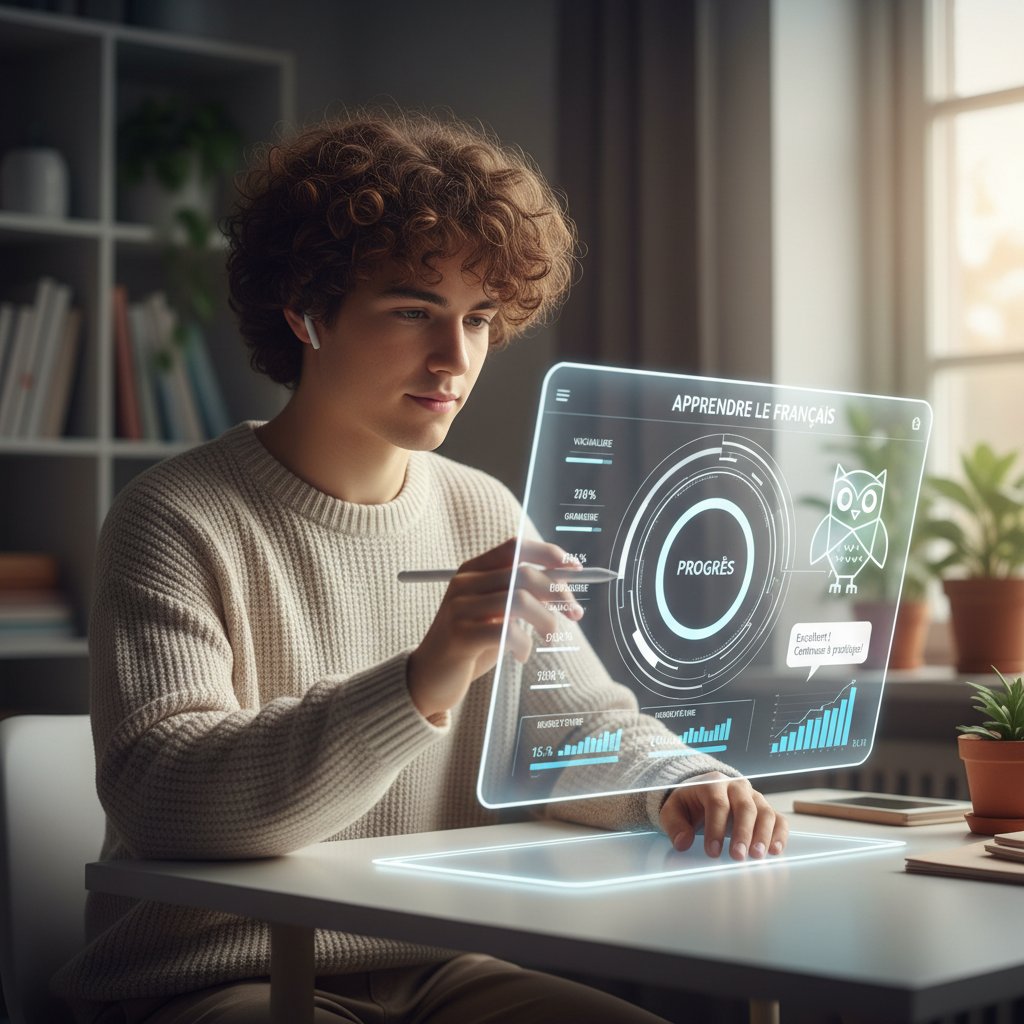 Młoda osoba korzystająca z AI do nauki francuskiego, interfejs z wynikami postępów na ekranie