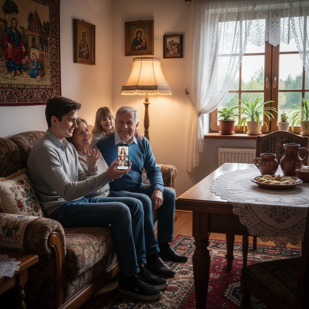 Młoda osoba korzystająca z AI na smartfonie podczas rozmowy z rodziną