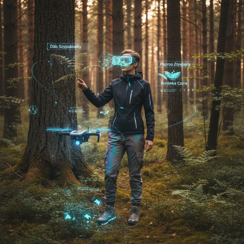Użytkownik w okularach AR rozpoznający rośliny w lesie