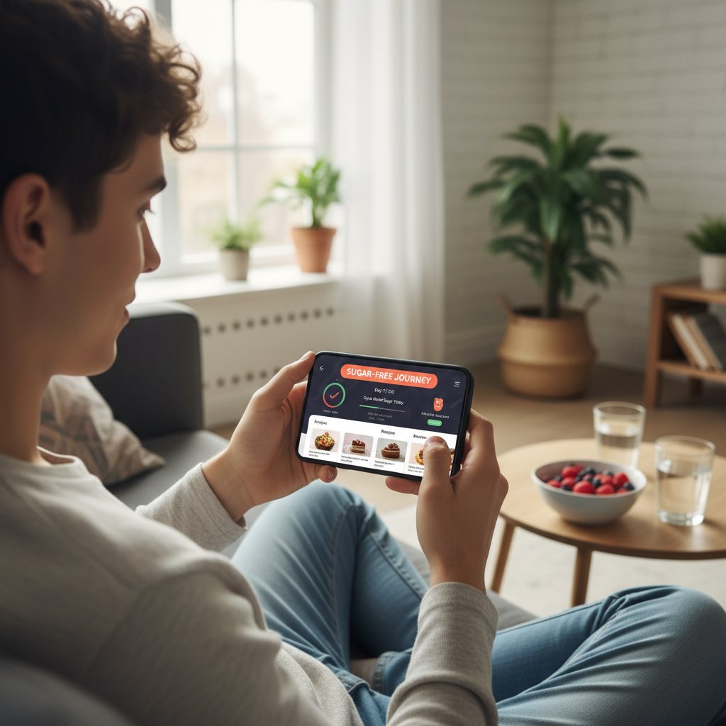 Młoda osoba korzystająca z aplikacji dietetycznej planującej dietę bez cukru na smartfonie