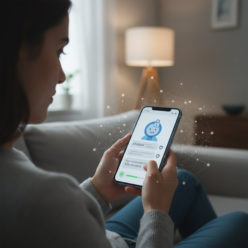 Młoda osoba korzystająca ze smartfona z widocznym ekranem chatbota – nowa generacja bezpiecznych rozmów