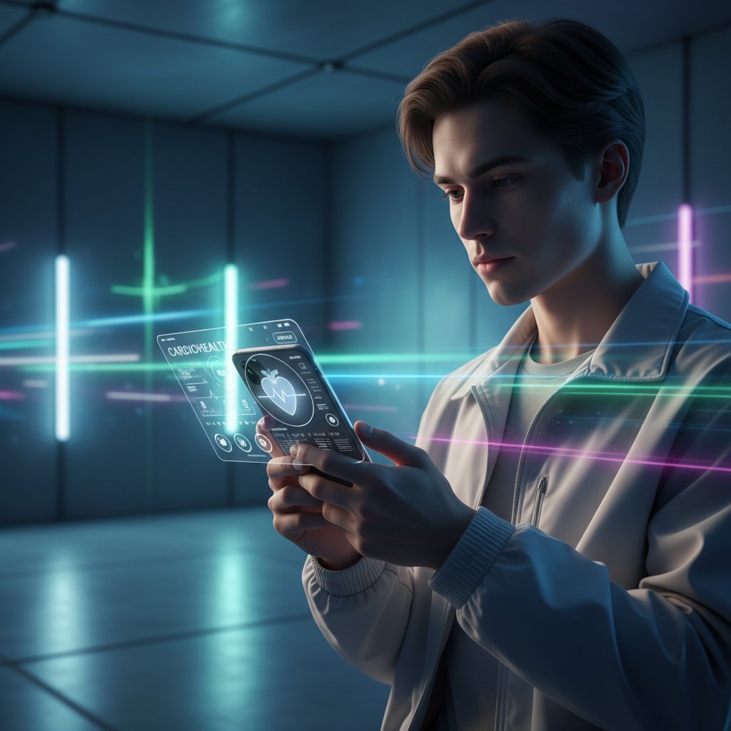 Fotografia młodej osoby korzystającej ze smartfona, widoczna aplikacja medyczna, dynamiczne światło