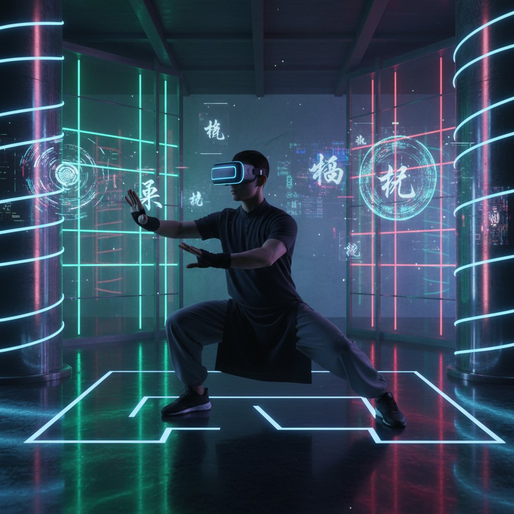 Osoba ćwicząca tai chi z użyciem gogli VR, nowoczesne otoczenie, światło neonowe