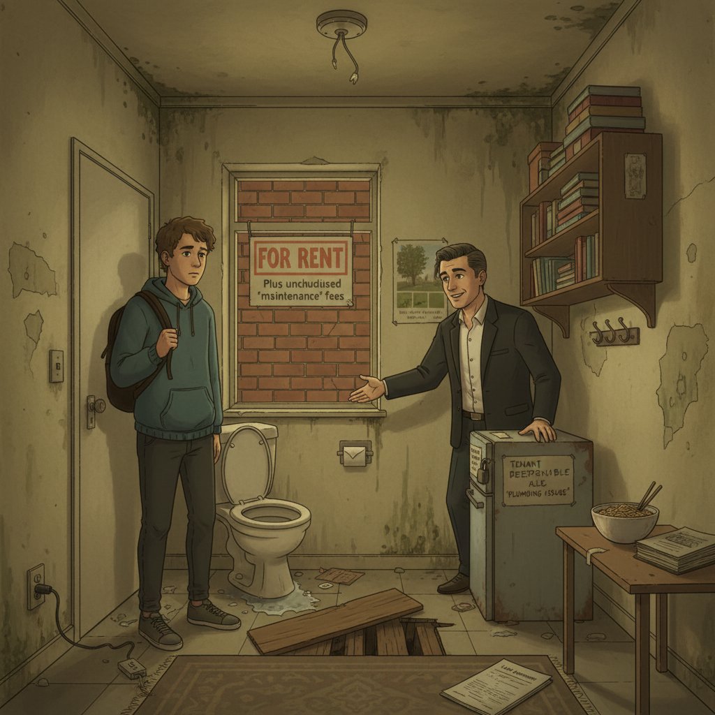 Młoda osoba oglądająca ciasne mieszkanie w kamienicy, ukryte pułapki wynajmu