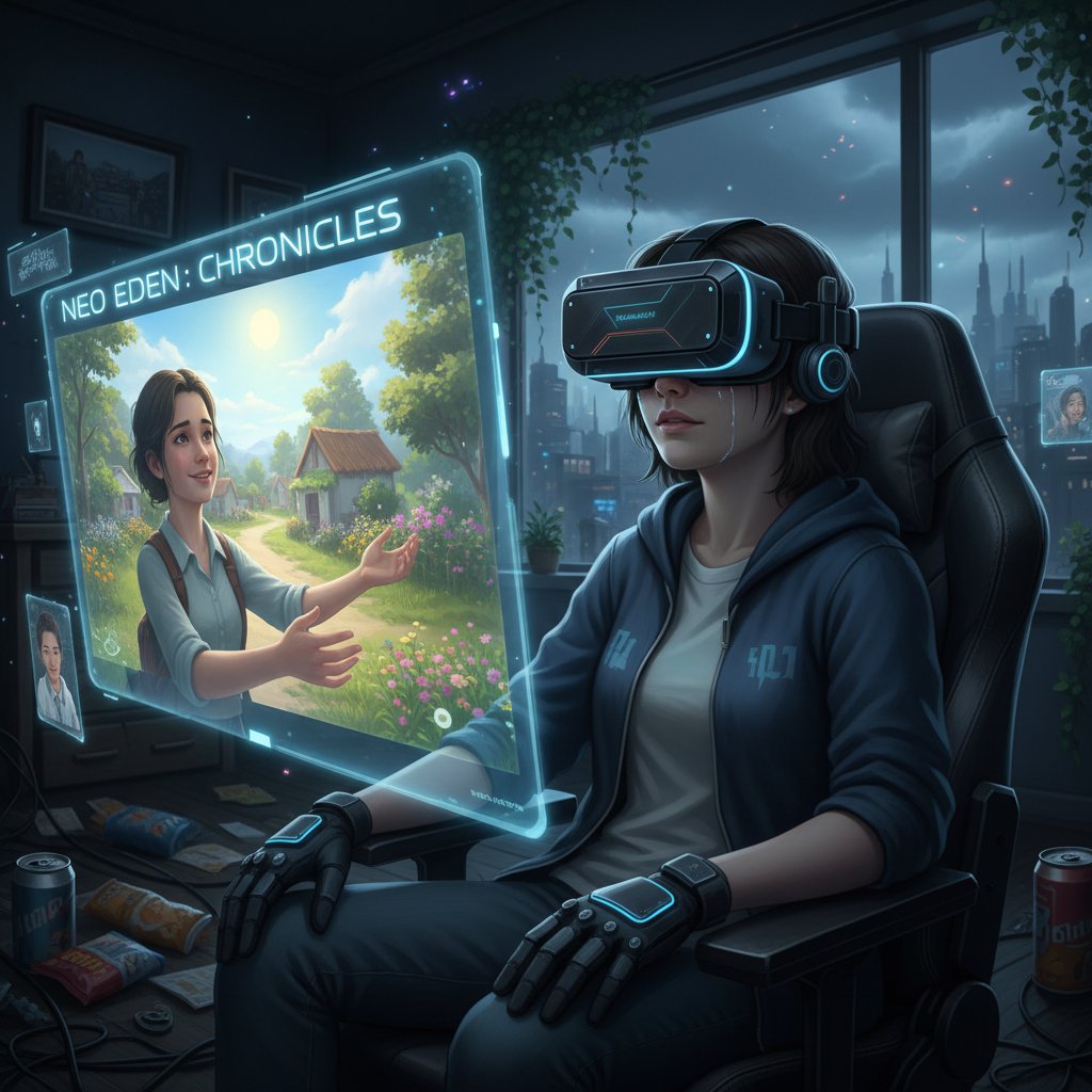 Młoda osoba z VR, zanurzona w alternatywnym życiu, emocjonalna scena