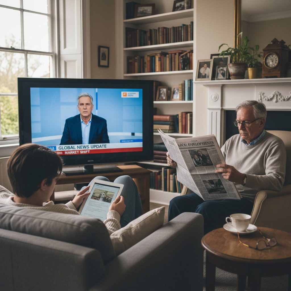 Młoda osoba z telefonem oglądająca newsy wideo, obok senior czytający drukowaną gazetę